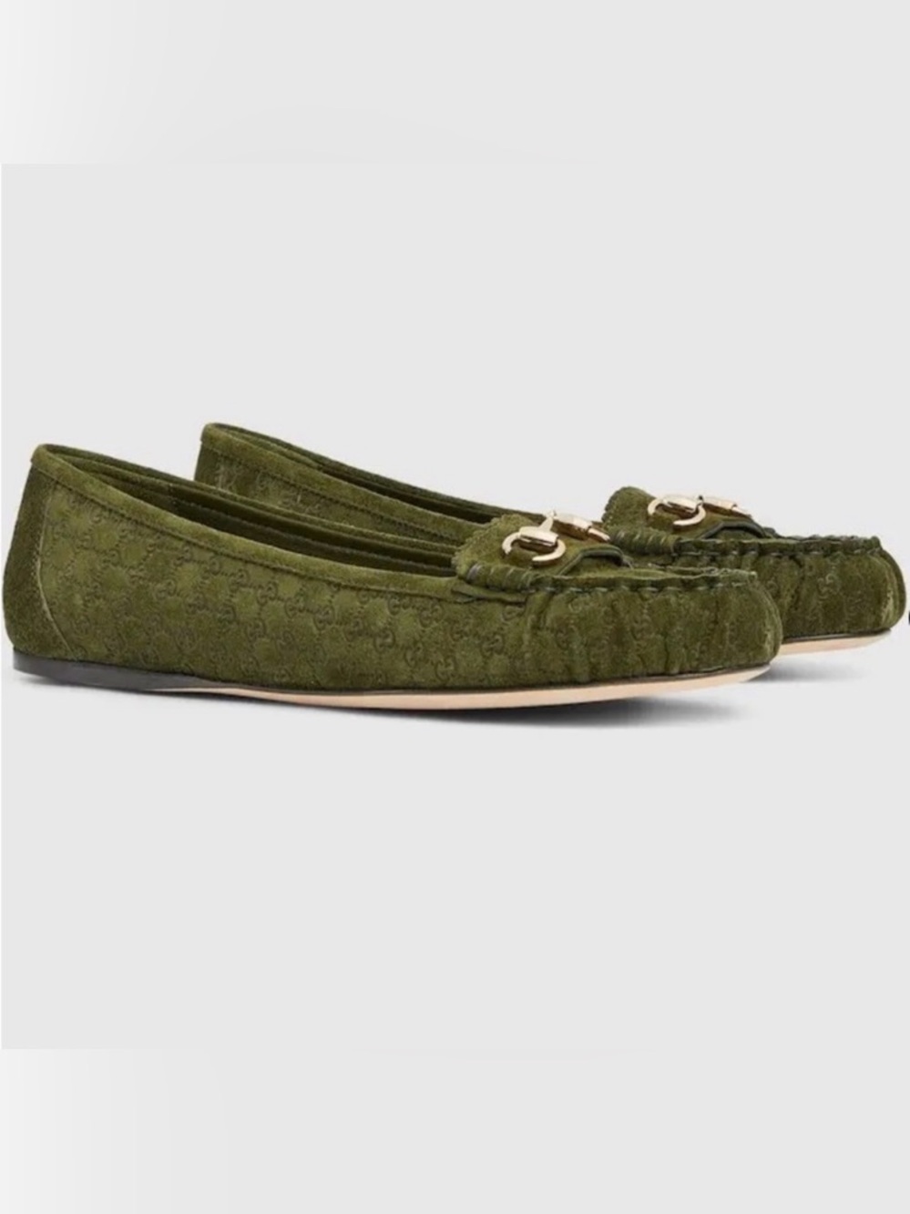 GUCCI Green Suede Ballerina Flat With Horsebit 38